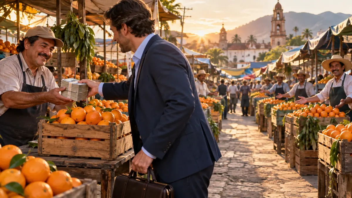 Comprador entregando dinero en una plaza de mercado sin comparar precios entre los puestos