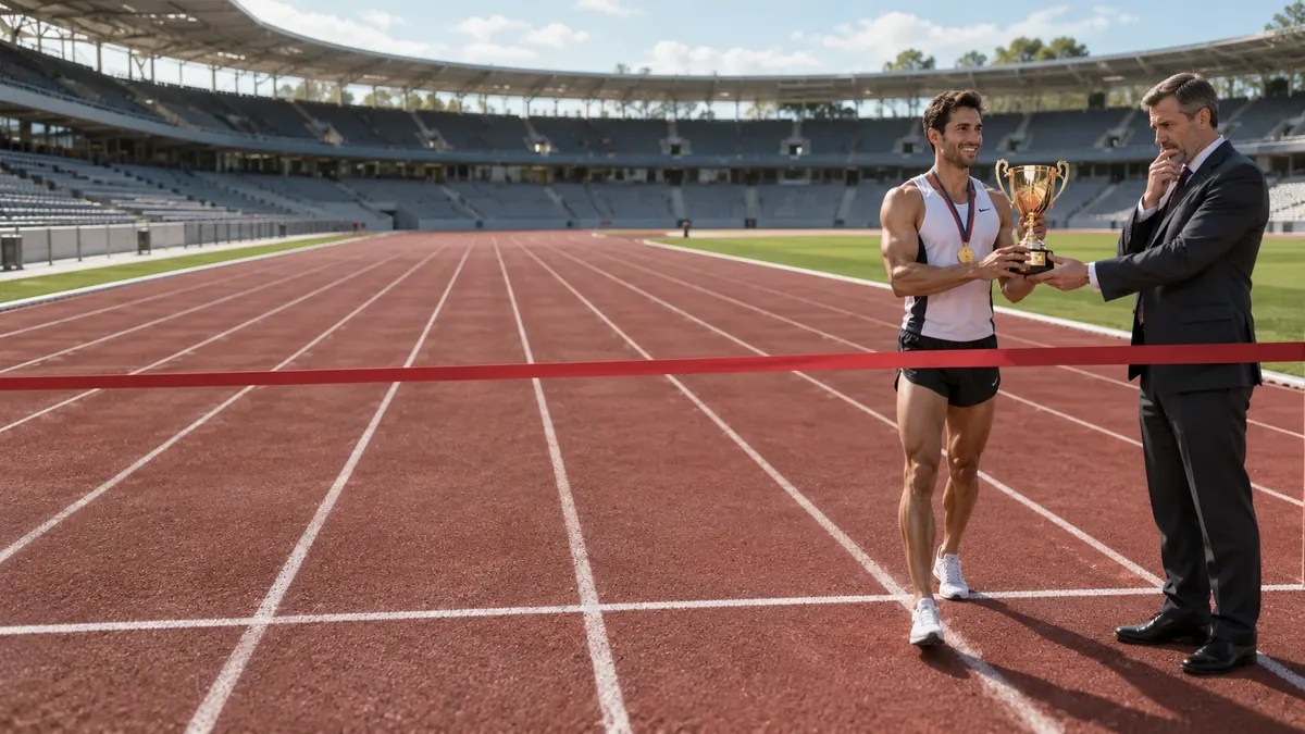 Atleta recibiendo el trofeo en una pista vacía, sin competidores